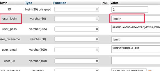 Ändern Sie den WordPress-Benutzernamen in phpMyAdmin