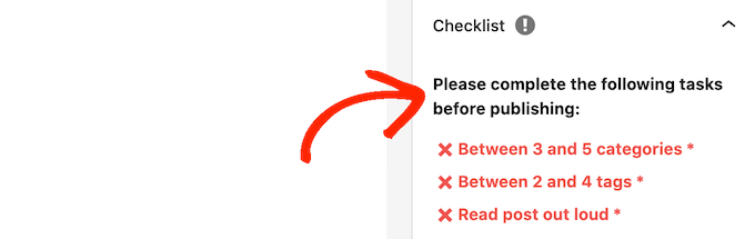 Pre-publish checklist error message 