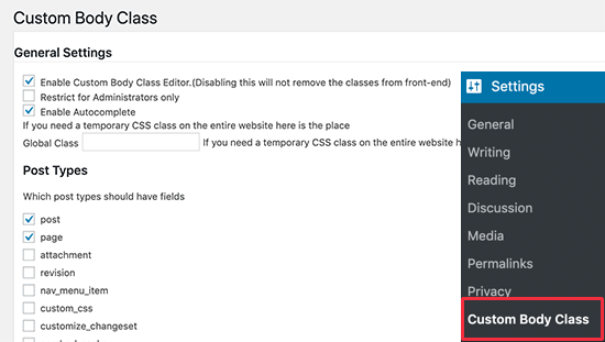 Custom Body Class settings