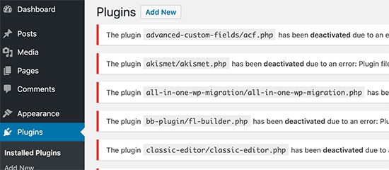 Deactivated WordPress plugins