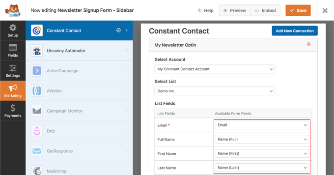 Select Email List and Map Form Fields