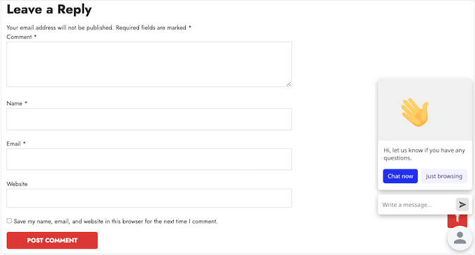 A live chat bubble on a WordPress website