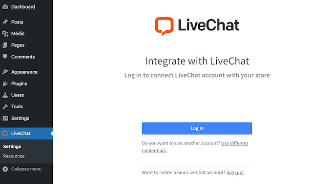 在 WordPress 仪表板中登录 LiveChat 帐户