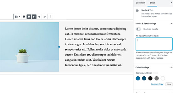 Media and text block in WordPress content editor