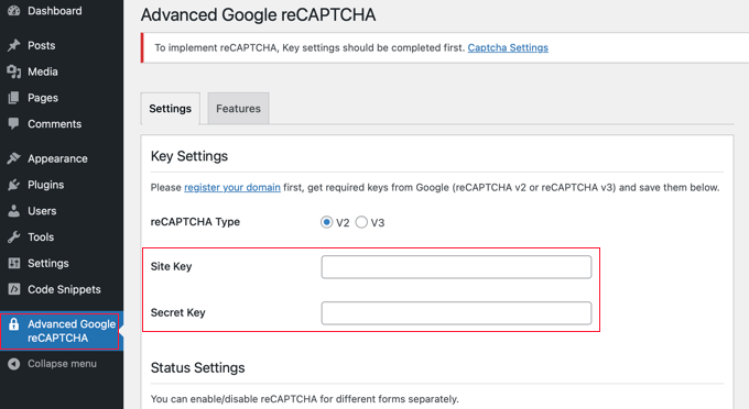 The Advanced Google reCAPTCHA Settings Page