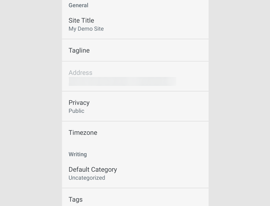 Site-instellingen in WordPress app