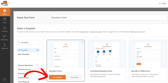 Choose the Donation Form template