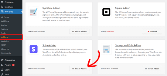 Install Stripe addon for WPForms