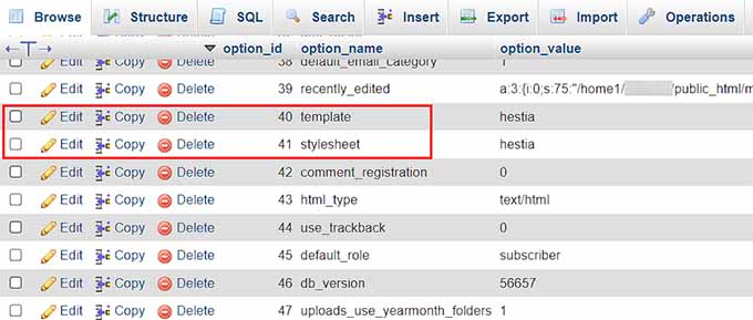 Locate template and stylesheet rows