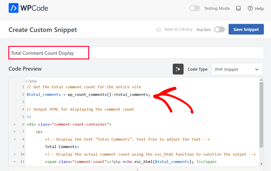 Creating a custom code to display the total comment count using WPCode