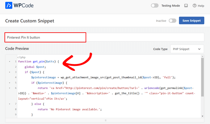 Enter a snippet name and paste the code for pin it button