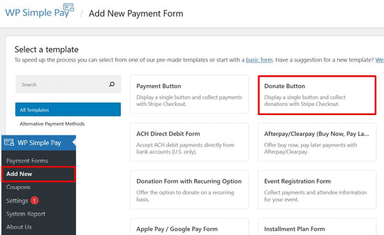 Choose WP Simple Pay donation form template
