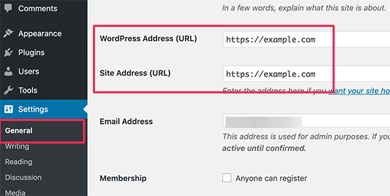 WordPress URL settings