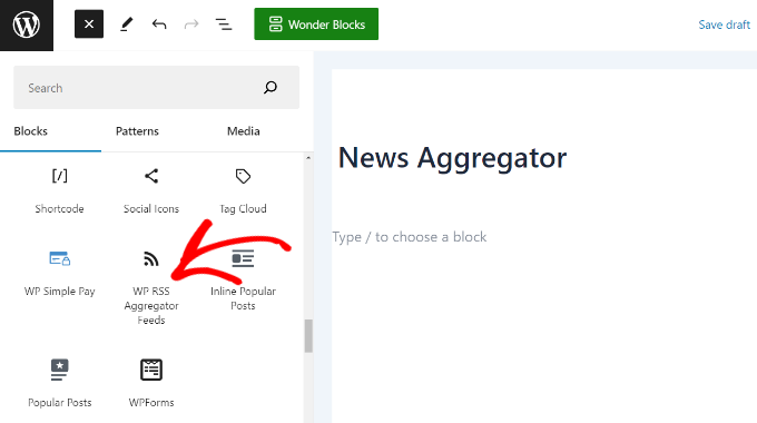 Add wp RSS aggregator feeds block