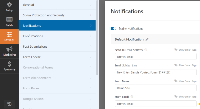 Form notification settings