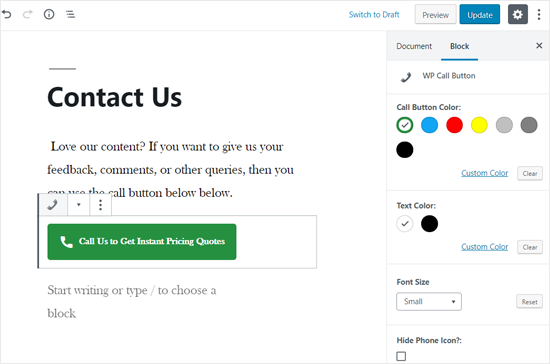 Customizing Call Button in WordPress Page Editor