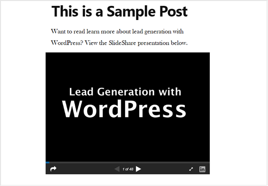 WordPress 中添加的 SlideShare 演示文稿 - 预览