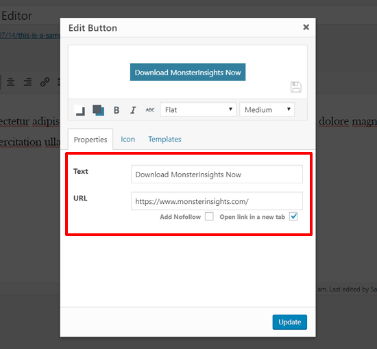 Enter Button Text and URL in Classic Editor