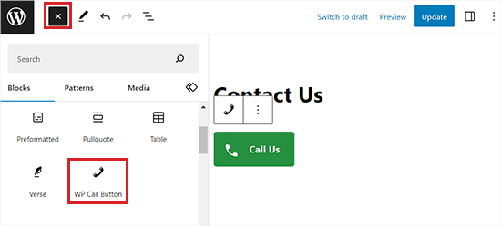 Add WP call button block in the Gutenberg editor