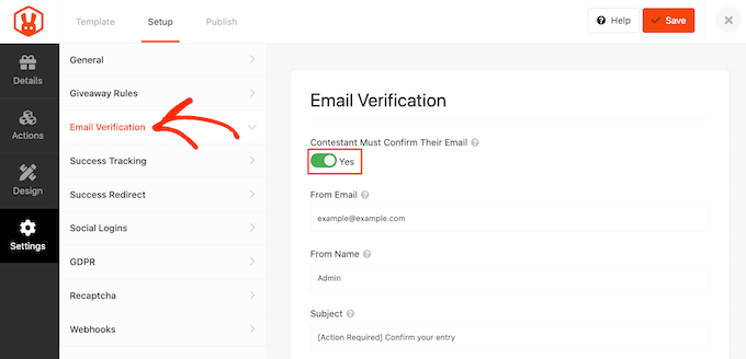 Enabling email verification for RafflePress