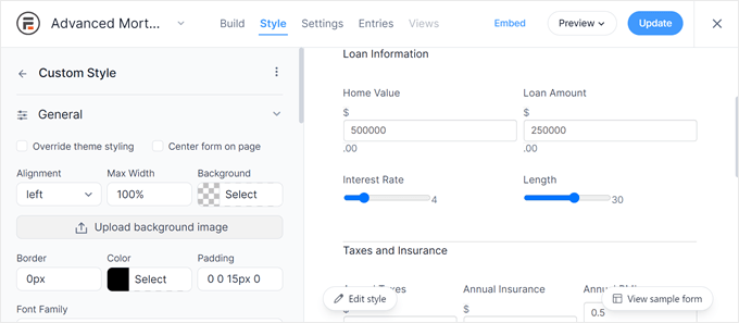 Configuring a custom form style in Formidable Forms