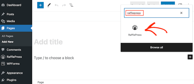 Adding the RafflePress block to a WordPress page or post