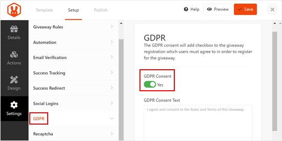 RafflePress' GDPR settings