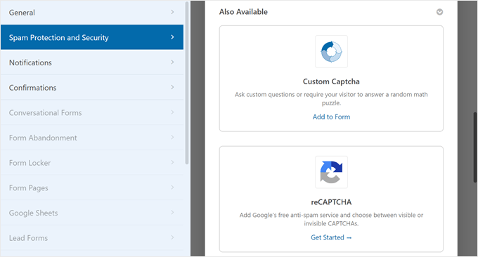 WPForms' CAPTCHA options