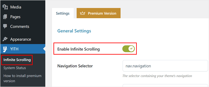 Enabling infinite scroll with the YITH plugin