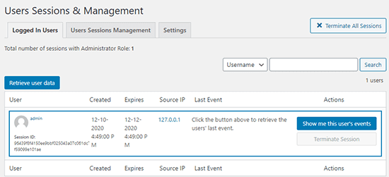 WP Activity Log Plugin logged in users