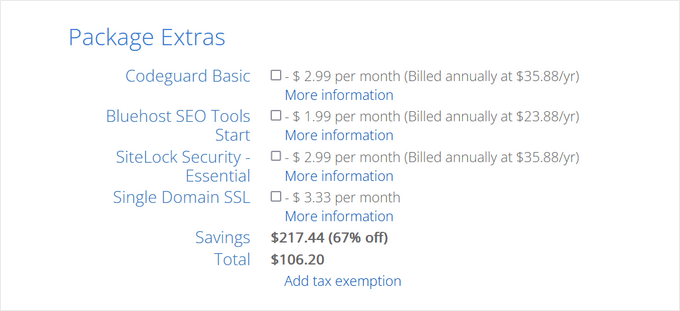 uncheck bluehost package extras