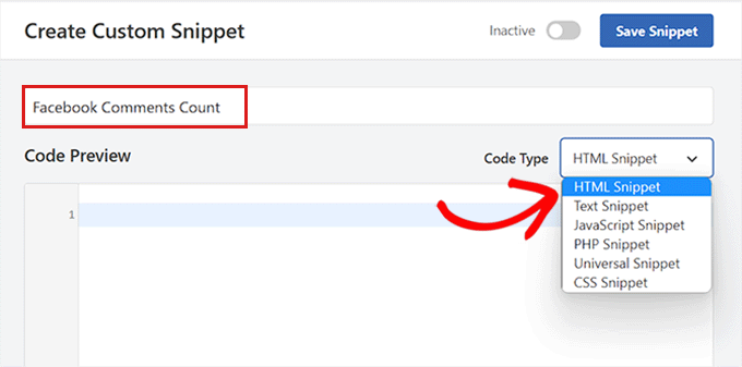 Choose HTML as the code type for the Facebook Comments count code snippet