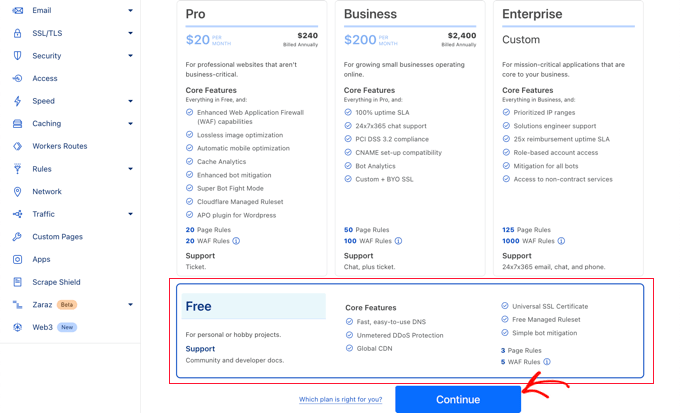 选择 Cloudflare 免费计划