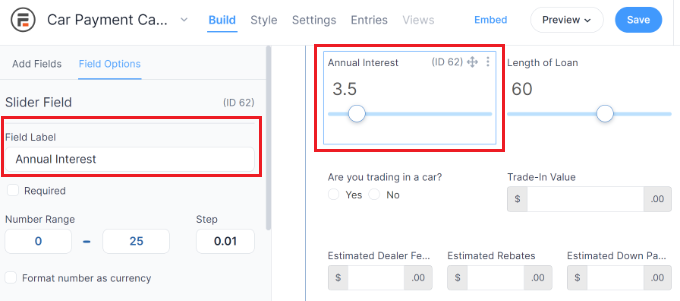 Customizing a car payment form