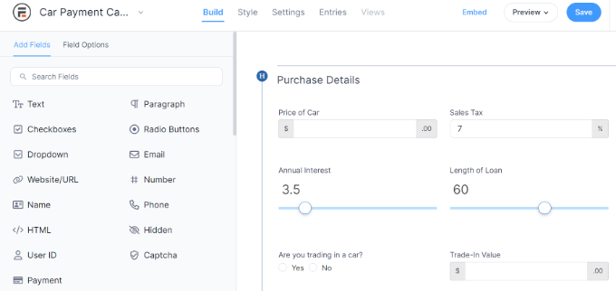 Edit car loan calculator form