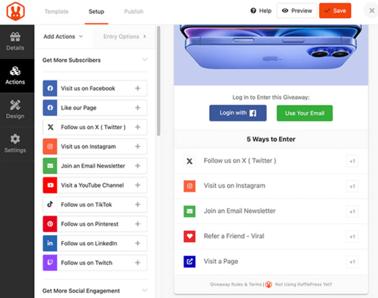 RafflePress giveaway actions