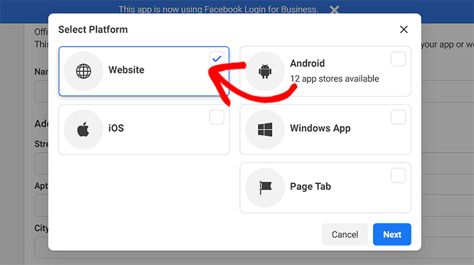 Select Website as the platform