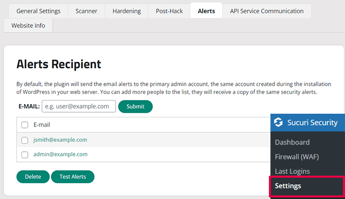 Sucuri email alerts