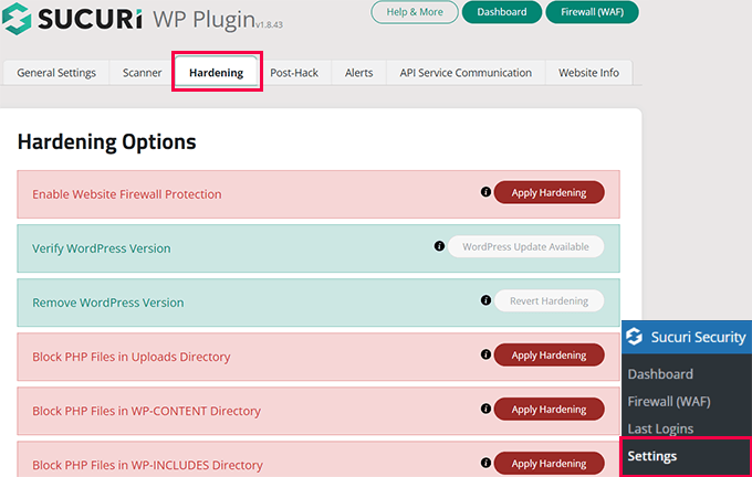 Sucuri hardening settings