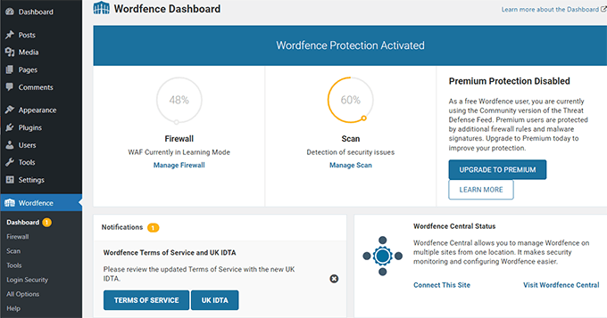 Wordfence dashboard