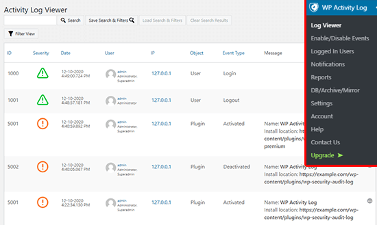 WordPress activity log viewer to monitor events