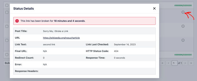 View status details on broken links