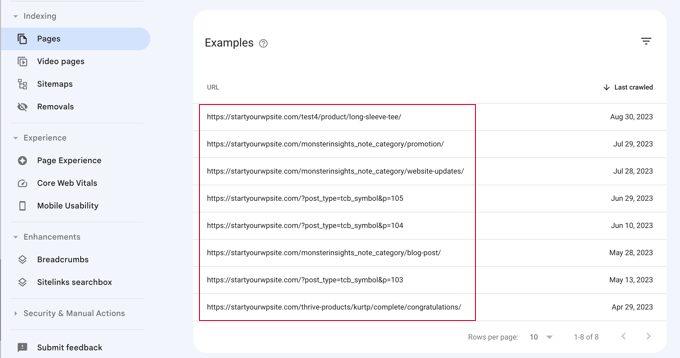 Google Search Console 中未找到的页面列表