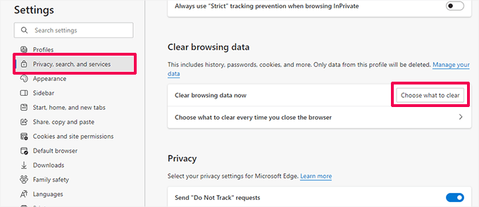 Microsoft Edge clear data