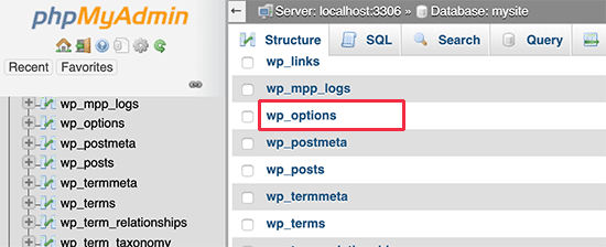 Edit options table