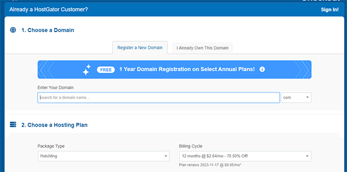 HostGator choose domain name