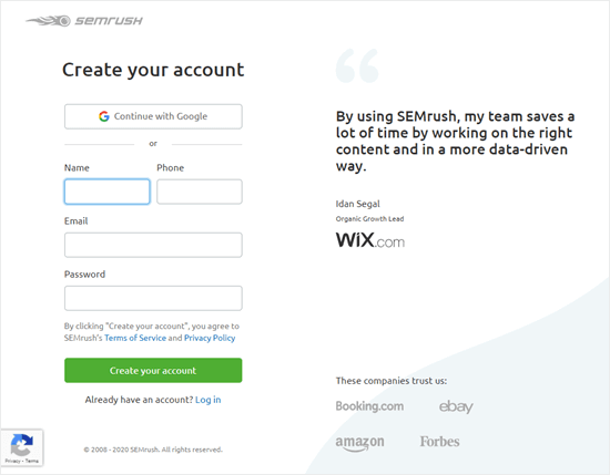 Enter your details to create a SEMrush account