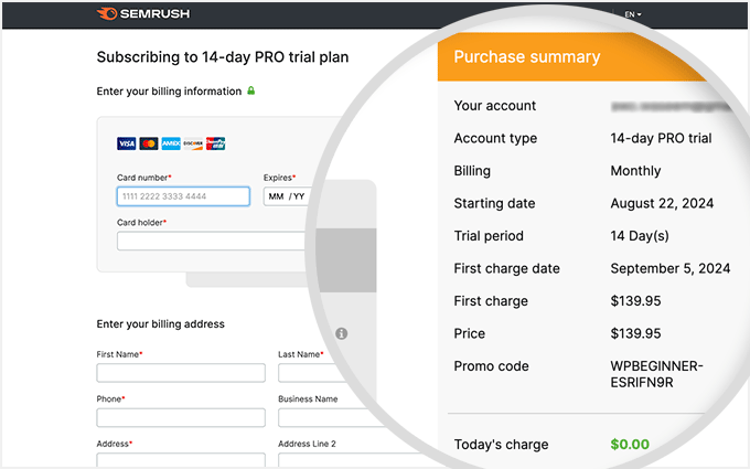 Semrush price summary and checkout