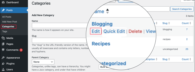 Editing a category details in WordPress