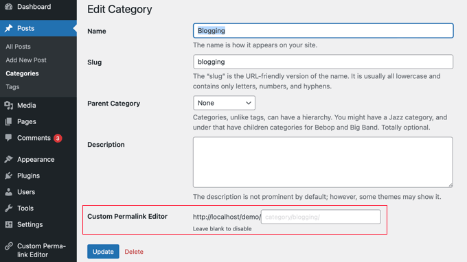 Editing a category details in WordPress